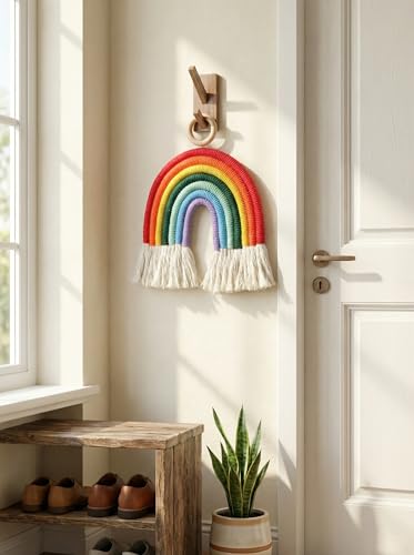 Image of JH Gallery Rainbow Wall Hanging Macrame Decor - Handmade Cotton Rope Colorful Boho Wall Art for Nursery, Bedroom, Baby Room & Home Styling