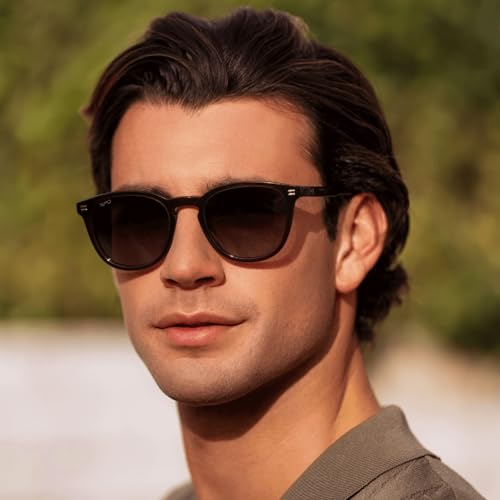 Image of WearMe Pro WMP Eyewear - Men's Classic Round Polarized Sunglasses, Premium Slim Acetate Frame with Dashed Rivet Details