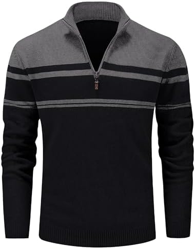 MAGCOMSEN Men's Sweaters 1/4 Zip Up Casual Striped Pullover Polo Sweaters Fall Winter Sweatshirts, Dark Grey Black, S