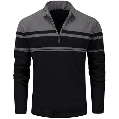 MAGCOMSEN Men's Sweaters 1/4 Zip Cotton Sweater Pullover Polo Sweaters Striped Fall Winter Warm Sweatshirts