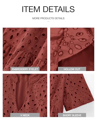 Image of BTFBM Womens Boho Summer Dresses 2026 Spring V Neck Short Sleeve Hollow Out Lace Ruffle Casual Beach Mini Vacation Dress