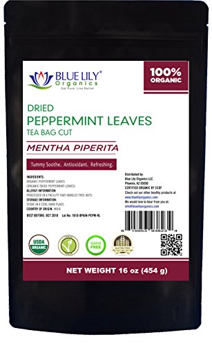 Blue Lily Organics Peppermint Tea 1 Lb (16 Oz) CERTIFIED Organic Loose Leaf (C/S) Herbal Tea (Mentha piperita), BULK Stand-up Resealable Pouch