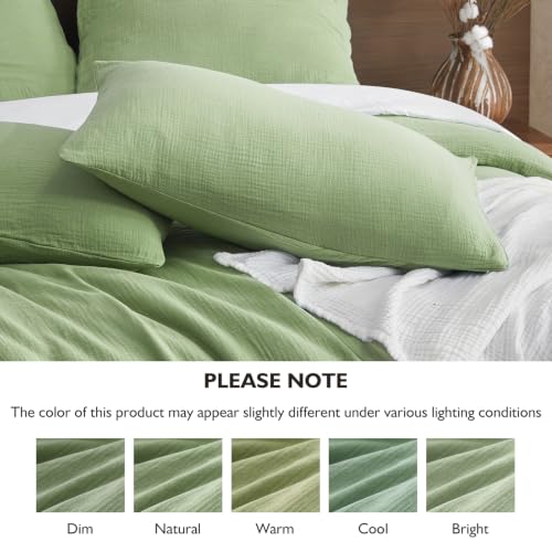 Image of EMME Muslin Cotton Duvet Cover Set Queen Size Linen Like Soft Breathable Lightweight Summer Comforter Cover Set with Zipper Closure (Sage Green, Queen)