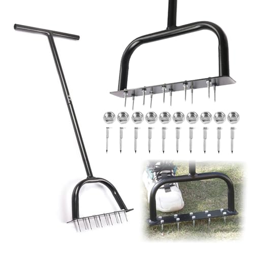 Aireador Cesped,Aireador De Césped Con 10 Púas De Hierro,Con Empuñadura En t y Placa De Pie Ancha,Longitud Total 85 Cm,Desmontable,Fácil De Instalar,Para Tierra Cuidado Del Césped Patio Jardín