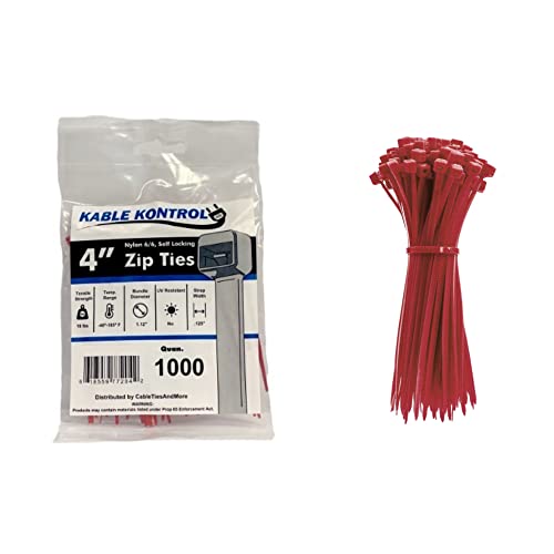 Kable Kontrol Cable Zip Ties, 4 Inch, 1000 Pcs, 18lbs Test, Red