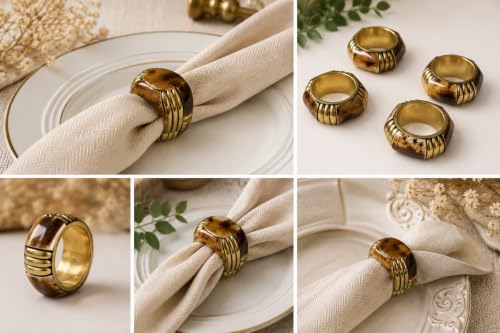 Image of Napkin Ring Holder YD Designss Sead Bead Napkin Ring Set Handmade Dinning Table Rings Napkin Rings for Table Decoration Weddings Dinners Parties Everyday Use (4, Brown)
