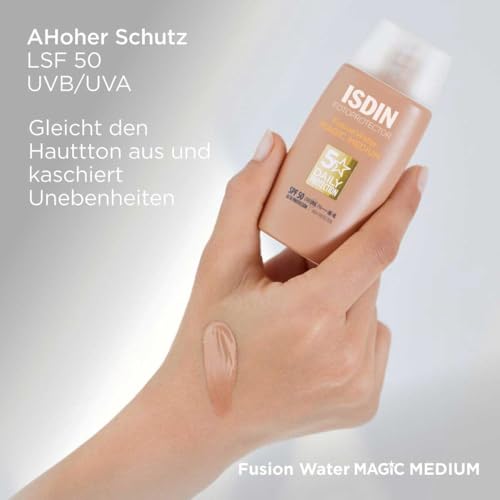 Image of ISDIN Fotoprotector Fusion Water Magic Color SPF 50 PA++++ - Ultralight Tinted Facial Sunscreen - Water-Based, Fast-Absorbing, Oil-Control Formula with Hyaluronic Acid & Vitamin E - 50ml