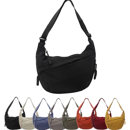 Quantifyn Crossbody Bag, Naturaltly Crossbody Bag, Strap Zipper Pockets Divider inside, Fashion Plain Color Nylon Hobo Bag (Black)