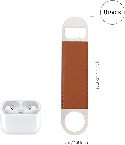 Miniatura 3 de PYD Life Paquete de 8 abrebotellas planos de acero inoxidable con mango de cuero amarillo y marrón, 1.6 x 7 pulgadas para grabado láser Glowforge