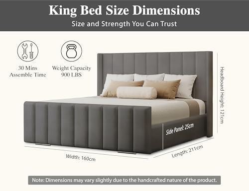 Furnishion Vienna Wingback King Size Bed Frame 5ft, Modern Plush Velvet Upholstered Panelled Design, Luxury King Size Beds for Stylish Bedrooms, Strong 5ft Bed Frame with Wooden Slats in Grey Plush