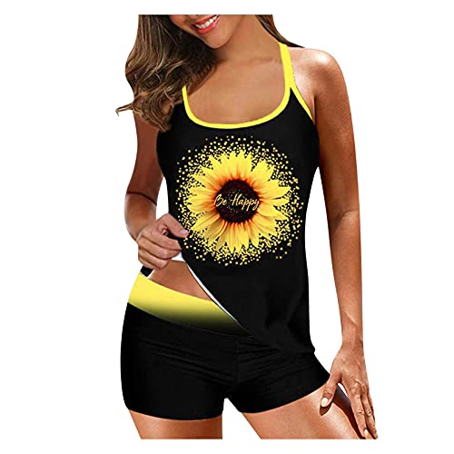 OutTop Women s Floral Swimsuits Printed Two Piece Knotted Side Tops Strap Tankini Bathing Suits Beachwear Sets (#01-Black, L)