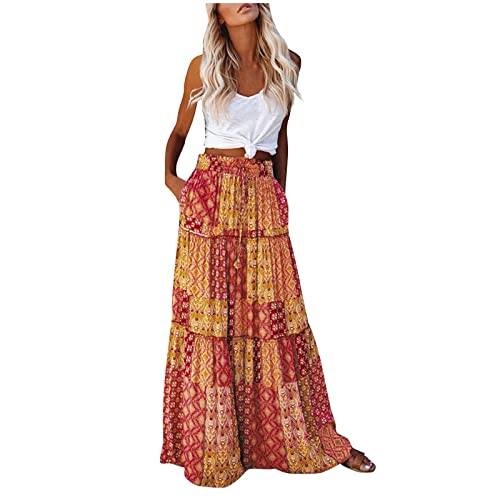 Maxi Skirt for Women Casual High Waist Tie Paisley Print Long Skirts with Pocket Bohemian Flowy Pleated Tiered Skirt