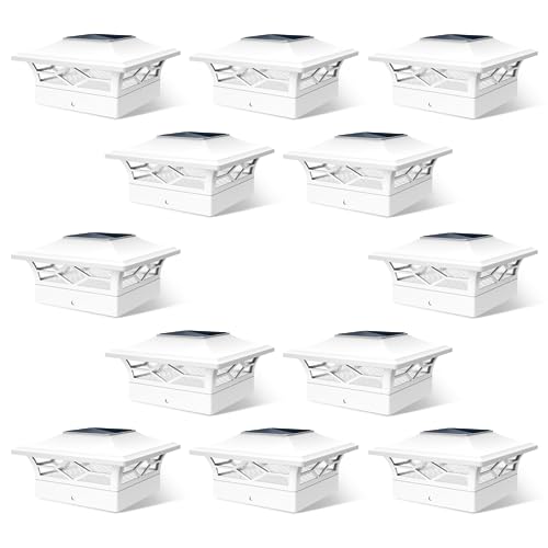 JOFIOS Solar Fence Post Lights, Cap Lights for 4x4/5x5 Vinyl Fence and 4x4/6x6 Wooden Post, Warm White/Cool White Lighting, White Solar Cap Outdoor Waterproof Decorate Garden Pathway Dcek Patio