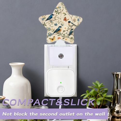 Image of Birds Butterfly Decorative Nightlight Plug in Wall,Watercolor Floral Star Shaped Night Light with Built in Sensor for Home Decor,Kitchen Hallway Stairs Desk Lamp