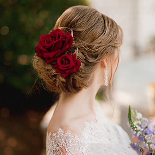 Whavel 2 Pack Flannel Rose Hair Clip, Flower Hair Pins Bridesmaid Flower Hair Clips Bridal Hair Accessories For Women Halloween Wedding Party (Red) #TOP2