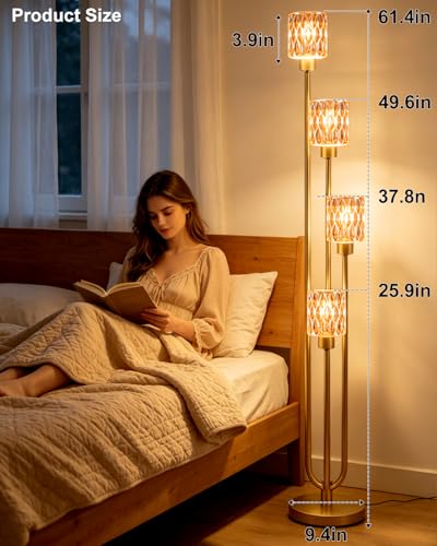 Image of Vintage 4-Light Amber Glass Floor Lamp, Dimmable Gold Standing Tall Lamp for Reading, Mid Century Modern Floor Lamp for Living Room Bedroom Home Office Corner Decor, Bulb Included
