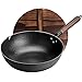 Wok z chińskiej stali węglowej z drewnianą pokrywką, Patelnia do smażenia z płaskim dnem na kuchenkę elektryczną, kuchenkę indukcyjną i kuchenkę gazową (12,5 cala)