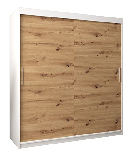 MEBLE KRYSPOL Tokyo 180 Kleiderschrank mit Zwei Schiebetüren für Schlafzimmer – moderner Aufbewahrungsschrank mit Kleiderstange und Regalen – 180x200x62cm - Mattweiß + Artisan