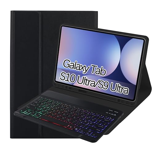 SUEEWE Tastatur Hülle für Samsung Galaxy Tab S10 Ultra / S9 Ultra / S8 Ultra 14,6", TPU Rückseite Hülle mit 3 Bereich 7 Farbe Beleuchtete Abnehmbarer QWERTZ Tastatur, Schwarz