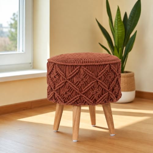 Image of Macrame Ottoman for Living Room | Handcrafted Woven Foot Rest Stool with Solid Wooden Legs | Pouffe for Sitting, Foot Stool for Bedroom & Home Decor | 16x16x18 Inch (Rust)