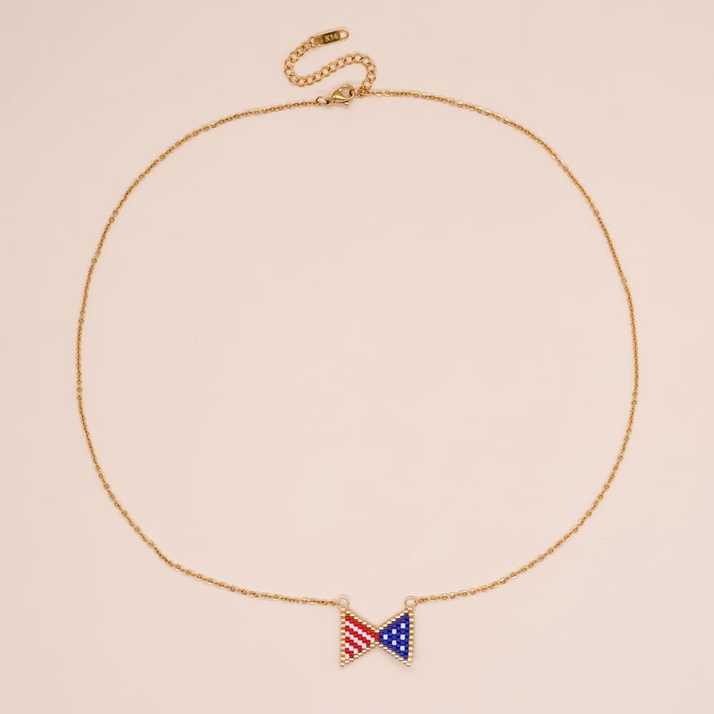 Patriotic Bow American Flag Pendant Necklace for Women,Red Blue White Flag Independence Memorial Day Fashion Jewelry Gift - Image 6