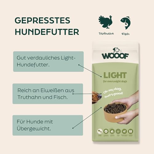 WOOOF Light 18kg kaltgepresstes Hundefutter mit Pute und Fisch | Trockenfutter, leicht verdaulich, ohne Weizengluten
