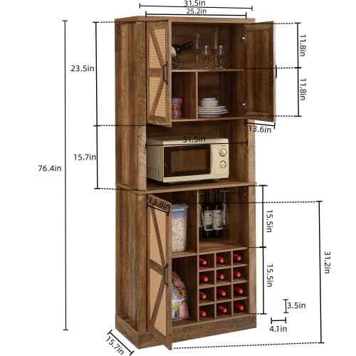 76-Inch-Tall-Buffet-Sideboard-Cabinet-with-Microwave-Shelves-Faux-Rattan-Liquor-Cabinet-for-Dining-Room-Entryway-Farmhouse-Barn-Door-Rustic-Wood-Storage-Cabinet-with-Wine-Rack-for-Kitchen-Oak 76 Inch Tall Buffet Sideboard Cabinet with Microwave Shelves Faux Rattan Liquor Cabinet for Dining Room Entryway Farmhouse Barn Door Rustic Wood Storage Cabinet with Wine Rack for Kitchen Oak