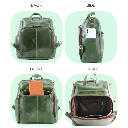 Image of Handmade World Leather Backpack Convertible to Purse 'The Honeycomb' Shoulder Bag Travel Versatile Rucksack Daypack (Green)
