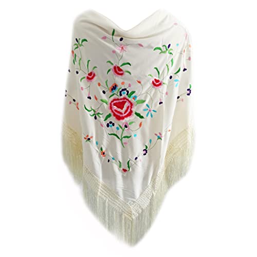 BRANDELIA Grote geborduurde flamingo-sjaals voor dames, typische snaveldoeken voor april-beurs, sevilla, dans, flamingo, sevilla, Multi ivoor, 175x85cm