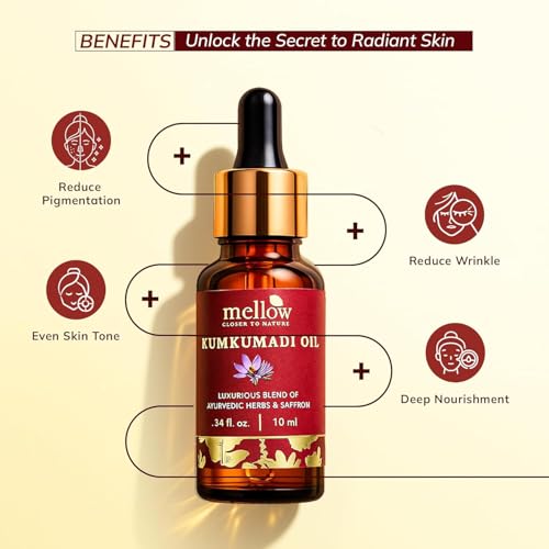 Image of Mellow Kumkumadi Oil for Face, Ayurvedic Kumkumadi Tailam Face Oil, Glow Serum with 22-Herb Blend with Saffron | Reduces Pigmentation & Fine Lines | Nourishment & Hydration | Chemical-Free Skincare