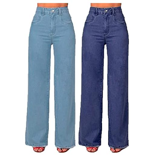 Kit 2 Calças Jeans Retrô Pantalona Wide Leg Cintura Alta Tendencias Azul Claro E Azul Escuro (38)