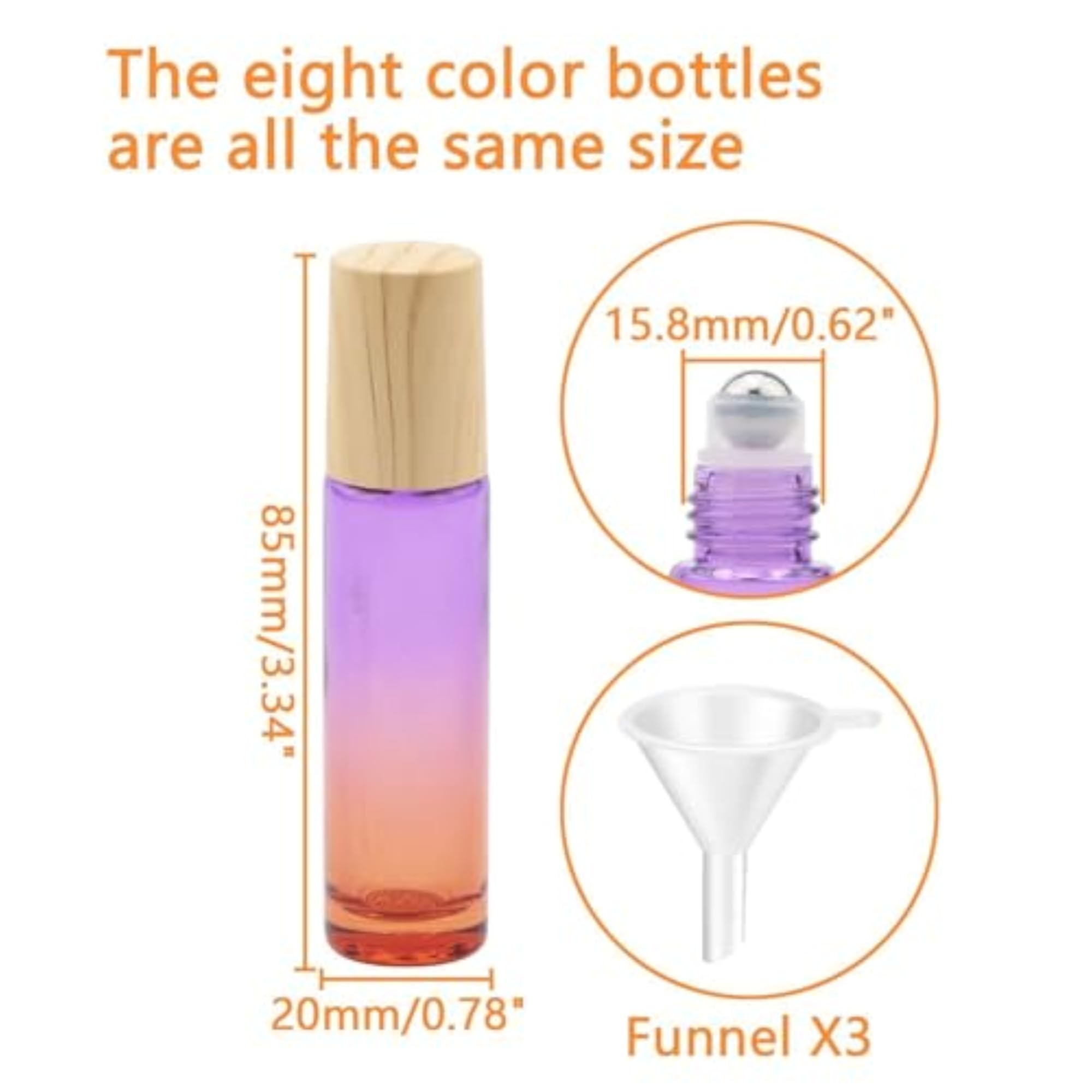 1/3 Oz Gradient Empty Refillable Glass Roller Bottles, 8 Pack