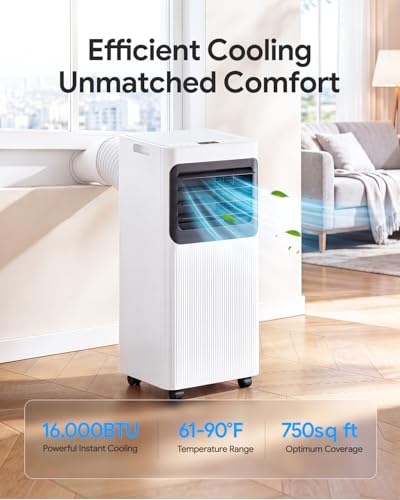 Image of 16000 BTU Portable Air Conditioners, 5 in 1 Smart AC Unit for Large Rooms Up to 750 Sq.Ft, WiFi App & Remote Control, Fast Cooling, Dehumidifier, Fan, Sleep Mode, 24H Timer with Window Kit