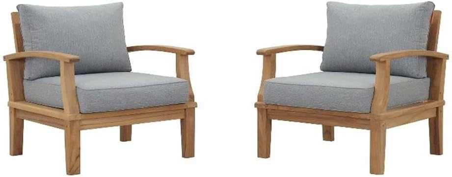 2-Piece Solid Teak Wood Patio Sofa Sectional Set, Natural Finish with Gray Cushions, Water & UV Resistant, Modern Outdoor Seating, Machine Washable Covers, Durable Construction