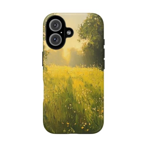 Coque iPhone 16 verte mate aux motifs de fleurs de prairie ensoleillée