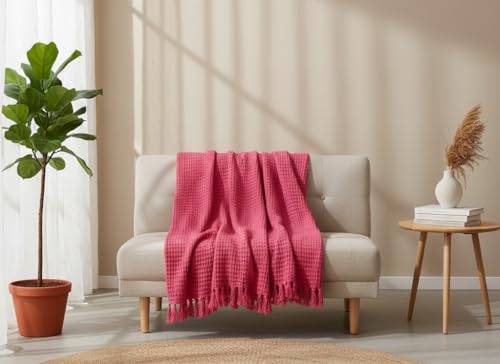 Image of Furnistitchs Bohemian Cotton Sofa Throw Blanket 50x60 inches | Waffle Knit & Chevron Pattern with Fringes | Aesthetic Decorative Couch Throw for Living Room & Bedroom (Magenta Waffle)