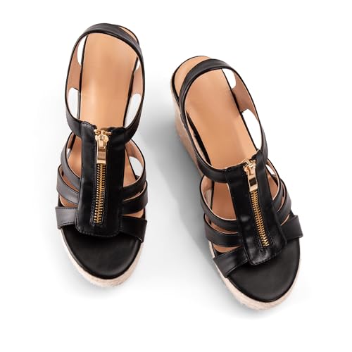 Image of Womens Front Zipper Espadrille Wedge Sandals Dressy, High Heel Platform Sandals Open Toe Slingback, Comfy Sexy Summer Wedges Sandals