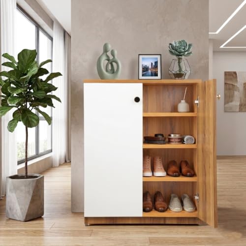 Image of Shoe Storage Cabinet with Doors, Engineered Wood Wooden Shoe Rack Organizer for 8-12 Pairs, Space Saving Shoe Cupboard for Entryway, Bedroom, Living Room, Hallway(SHEESHAM&White 4 Shelf)