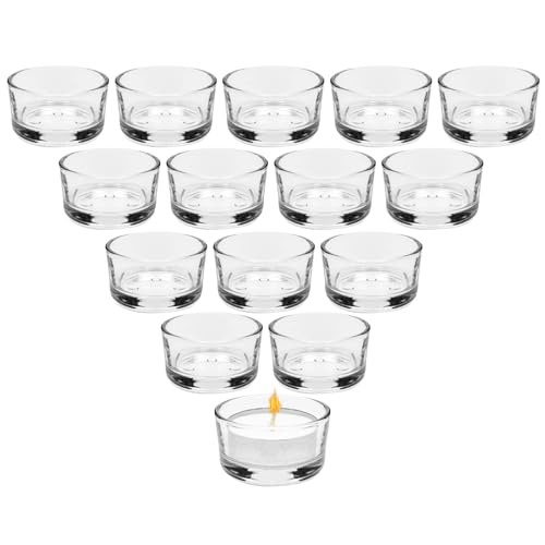 15er Teelichtgläser Set, Kerzengläser 4,5 cm Dm, Klar Teelichthalter Glas, Kerzenhalter Dekorationen, Mini Kerzenhalter Glas für Home Tischdeko, für Hochzeit, Dekorativ Kerzenglas