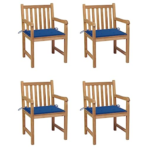 vidaXL Lot de 4 Chaises de Jardin avec Coussins, Sièges de Terrasse, Chaises de Salle à Manger, Meubles de Patio Extérieur, Bleu Royal Bois de Teck