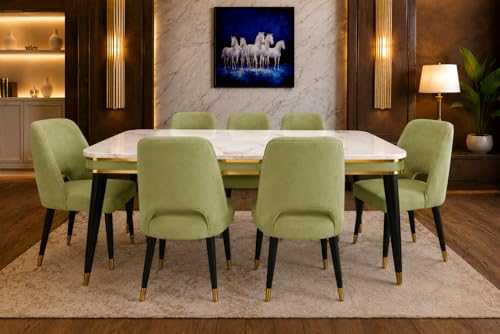 Image of WOODEN SPACE 6-Seater Wooden Dining Table Set | Nano Composite Marble Top | Solid Wood Base | Modern Dining Room Furniture with 6 Chairs (Light Green Vintage)