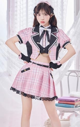 [Malymoon] コスプレ 緩苺 K-POP 制服 ブレザー チェック柄 アイドル ピンク ブルー スクールガール 衣装 仮装 マリームーン 6点セット 9994 詳細画像2