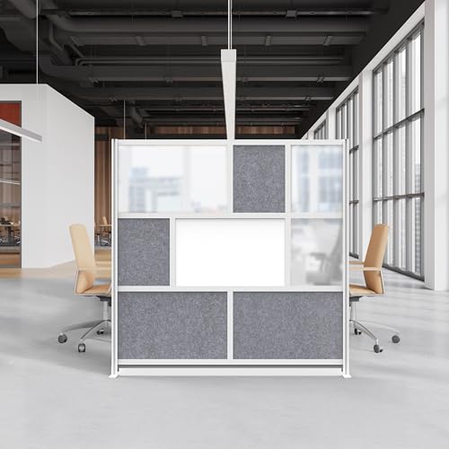 Image of Room Divider for Office Privacy - Modular Freestanding Partition with Whiteboard, PET Acoustic Panel, and Frosted Acrylic, Workflow Multi-Functional Wall, Gray Frame, Easy Assembly (70 inch x 70 inch)