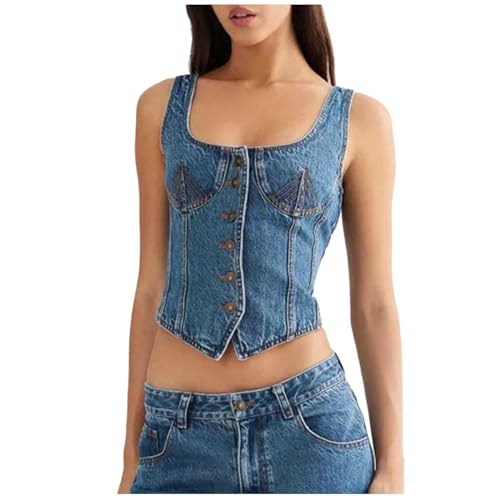 Cropped Vest for Women Sexy Denim Vest U Sleeveless Jean Tank Top Low Cut Tight Fit Fashion Vest 3XL Womens Tops