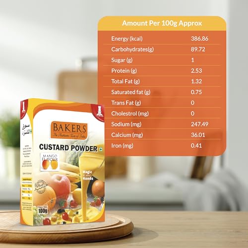 Image of BAKERS Custard Powder | Mango Flavor | (100g x 6, 600g) | Contains No Eggs | Long Shelf Life | Makes Smooth, Creamy, Testy & Juicy Custard | Quick & Easy to Make |Best For Fruit Salads & Puddings