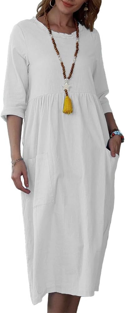 Womens Summer Cotton Linen Midi Dresses Casual 3/4 Sleeve Ruffled Crewneck Flowy A-line Dress with Pockets