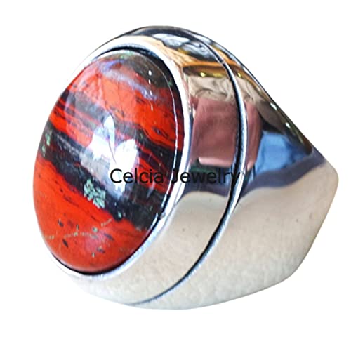 Anillo de piedra preciosa de jaspe de piel de serpiente, anillo de plata de ley natural, anillo de forma ovalada de corte de cabujón de piedra semipreciosa, regalos de aniversario para papá (jaspe)
