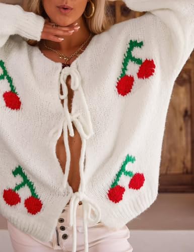 Yimoon Womens Bow Tie Front Cardigan Cute Cherry Open Front Y2k Sweater Oversized Chunky Knit Cardigan Tops2