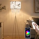 Star Vision Smart Tripod Floor Lamp with Blue Jay Bird Fabric Shade & Acrylic Droplets, Dimmable E26 LED Included, App & Voice Control Standing Light, Compatible with Alexa & Google