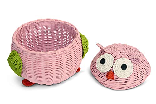 G6 Collection Owl Rattan Storage Basket With Lid Decorative Bin Home Decor Hand Woven Shelf Organizer Cute Handmade Handcrafted Nursery Gift Animal Art Decoration Artwork Wicker Hoot Owl (Small, Pink) #TOP5